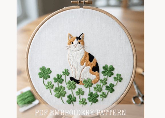 Calico Cat Shamrocks Embroidery Pattern