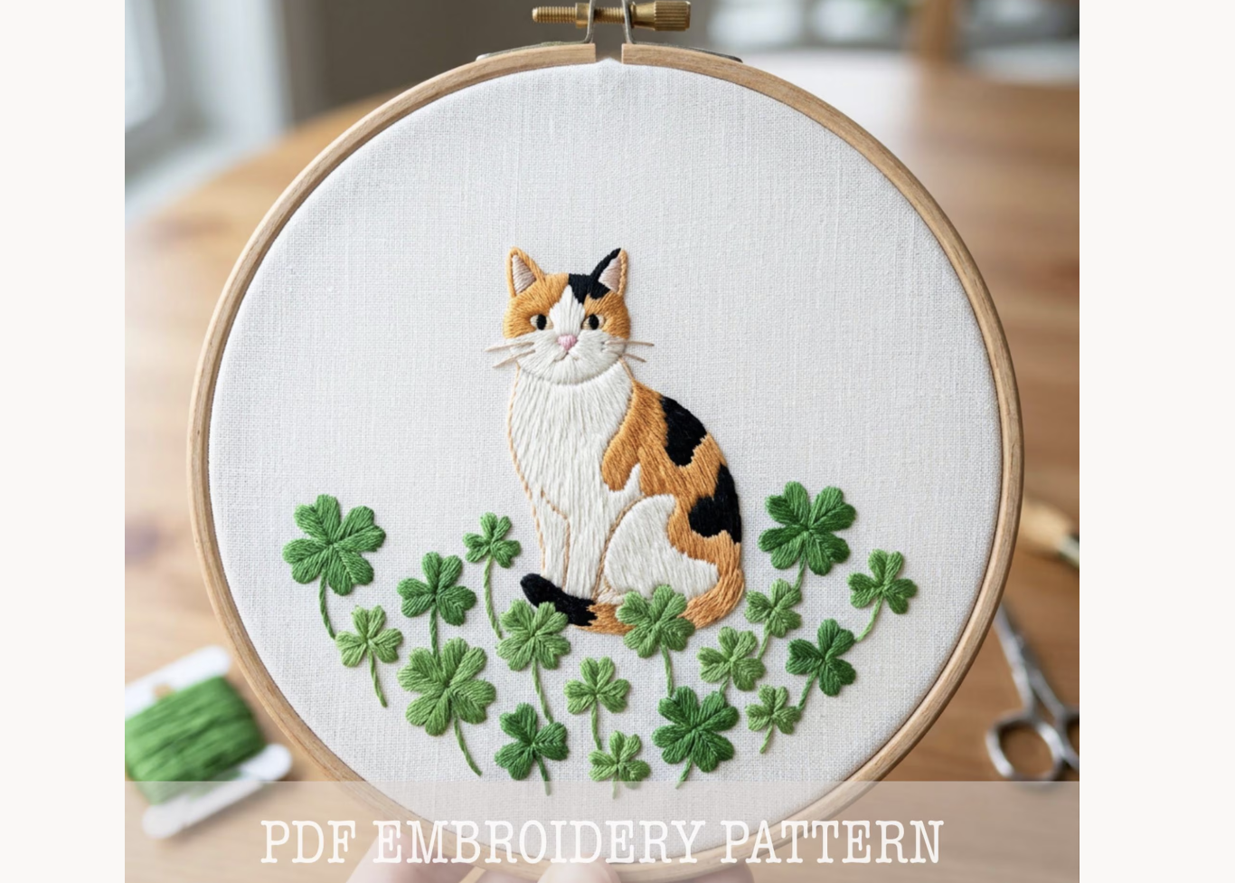 Calico Cat Shamrocks Embroidery Pattern