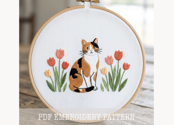 Calico Cat Tulips Embroidery Pattern