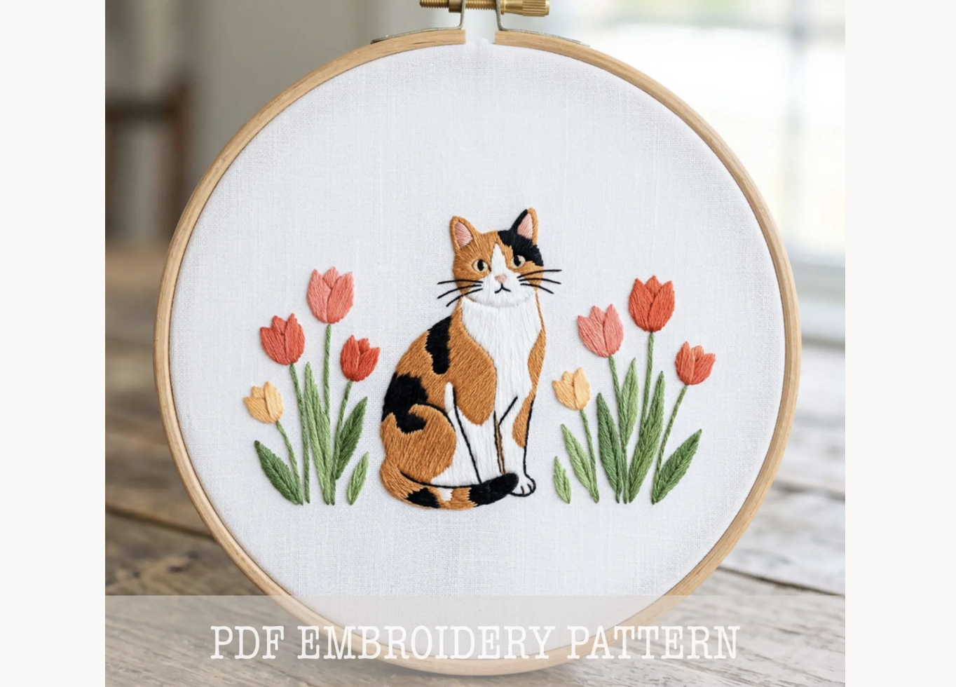 Calico Cat Tulips Embroidery Pattern