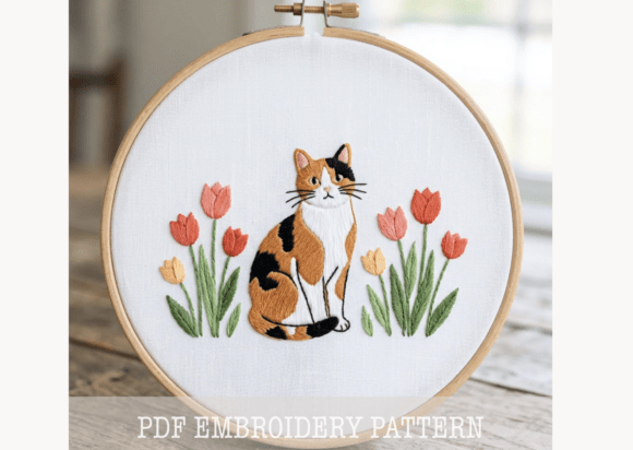 Calico Cat in Tulips Embroidery Pattern