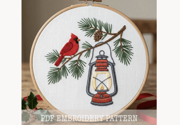 Cardinal and Lantern Embroidery Pattern