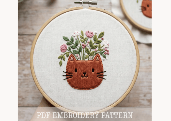 Cat Head Flower Vase Embroidery Pattern