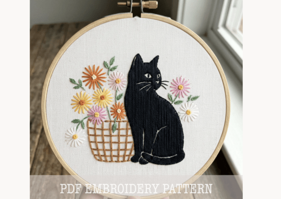 Cat and Flower Basket Embroidery Pattern