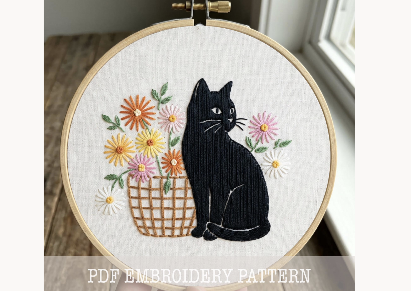 Cat and Flower Basket Embroidery Pattern