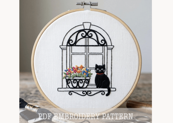Cat in Flower Window Embroidery Pattern