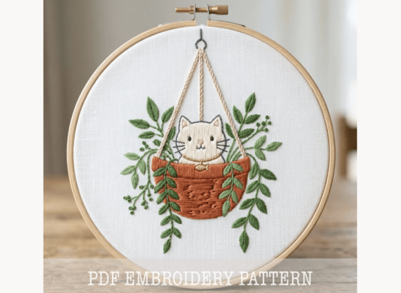 Cat in Hanging Pot Embroidery Pattern