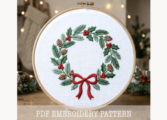 Christmas Pine Wreath Embroidery Pattern