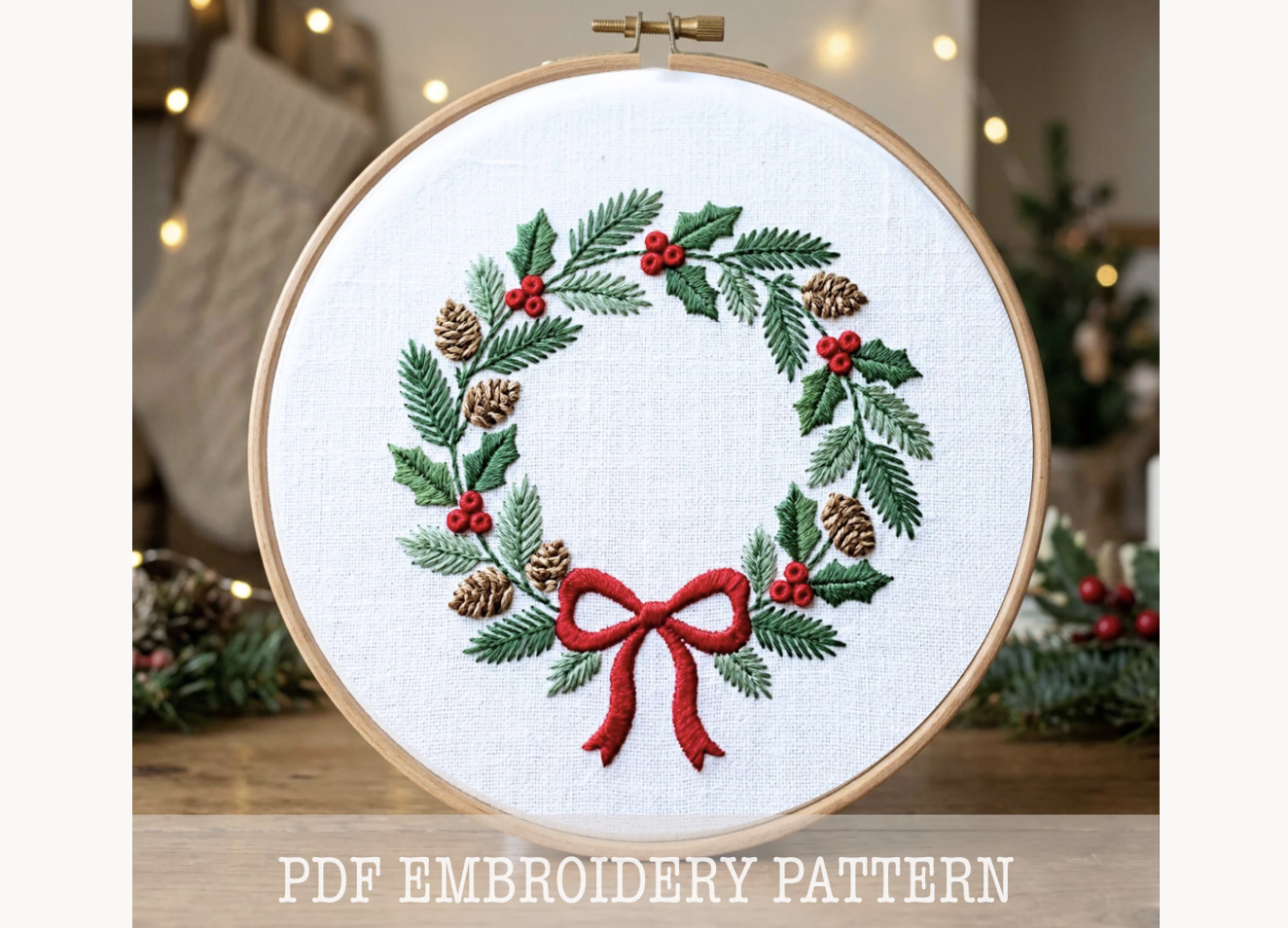 Christmas Pine Wreath Embroidery Pattern
