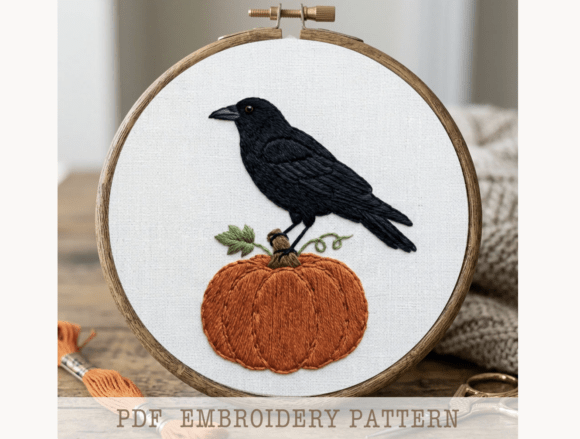 Crow on Pumpkin Embroidery Pattern