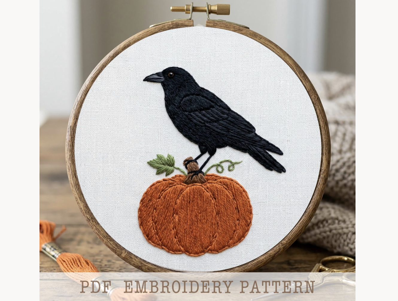 Crow on Pumpkin Embroidery Pattern