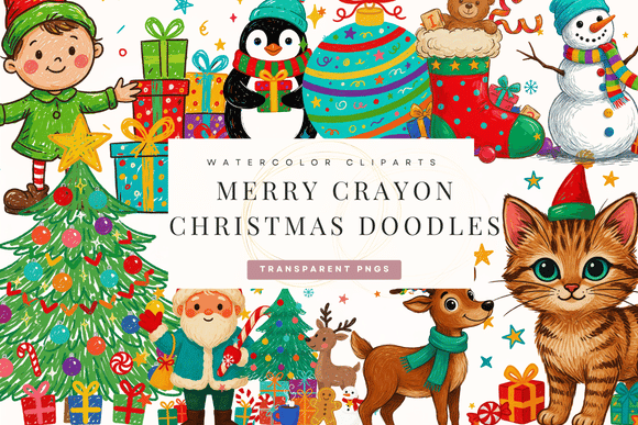 Cute Crayon-Style Christmas Doodle PNG Bundle