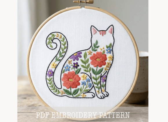 Floral Cat Silhouette Embroidery Pattern