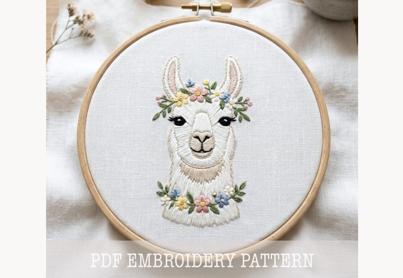 Floral Crown Llama Embroidery Pattern