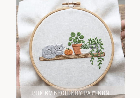 Gray Cat Plant Shelf Embroidery Pattern
