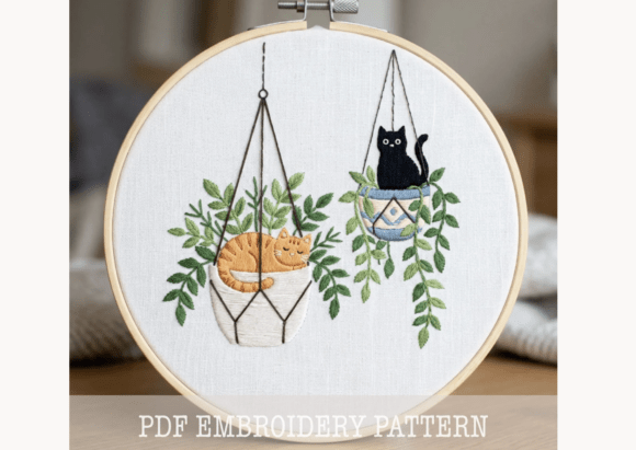 Hanging Cat Planters Embroidery Pattern
