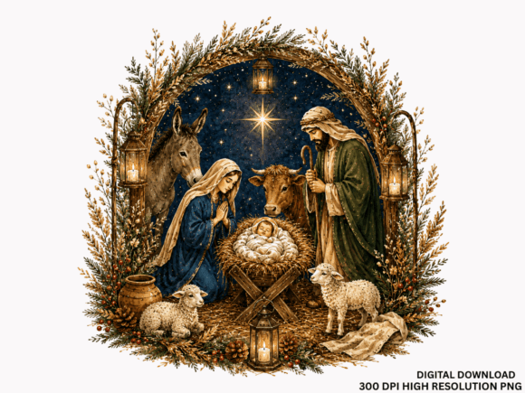 Nativity Scene Christmas Watercolor PNG