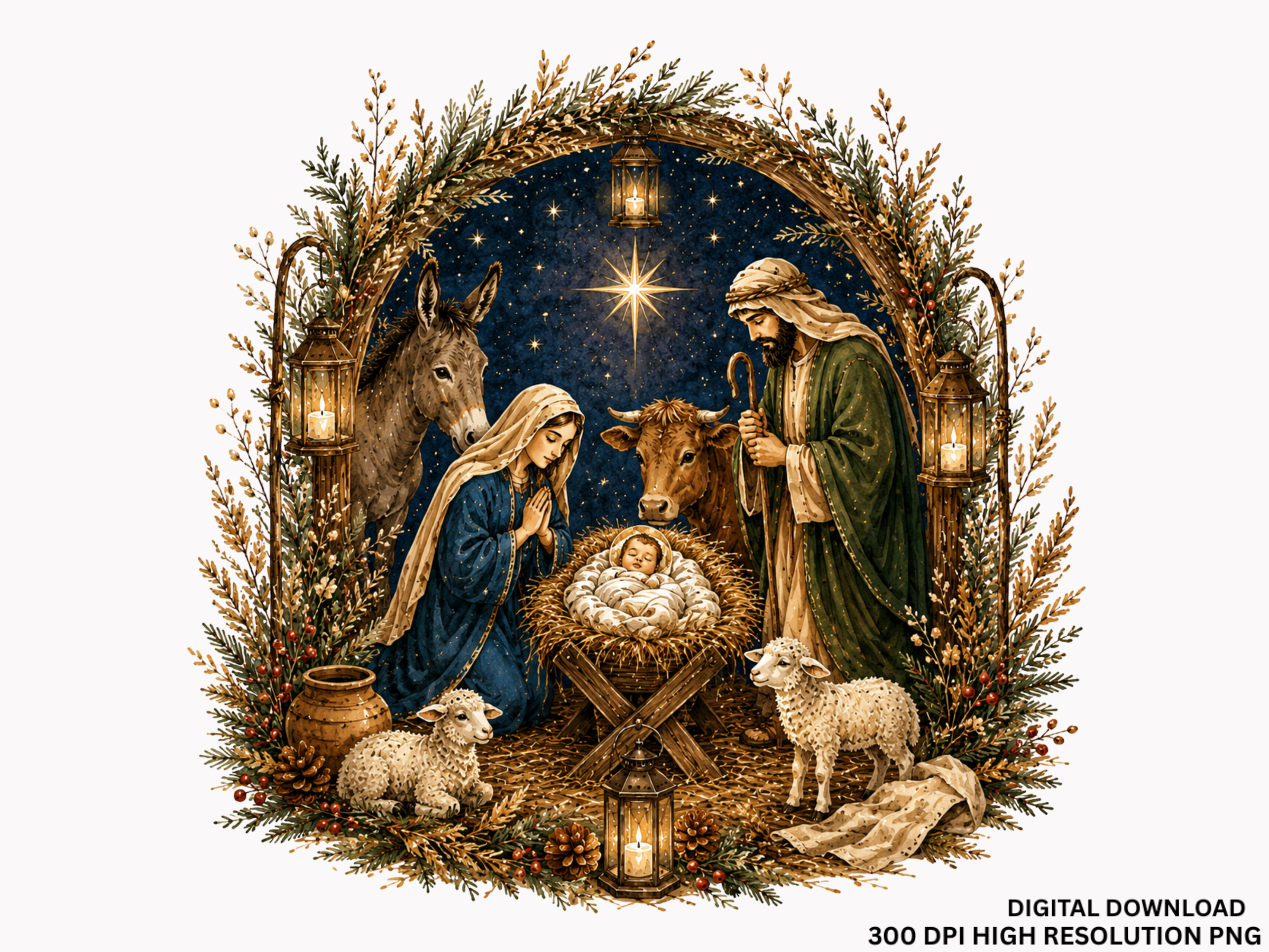 Nativity Scene Christmas Watercolor PNG