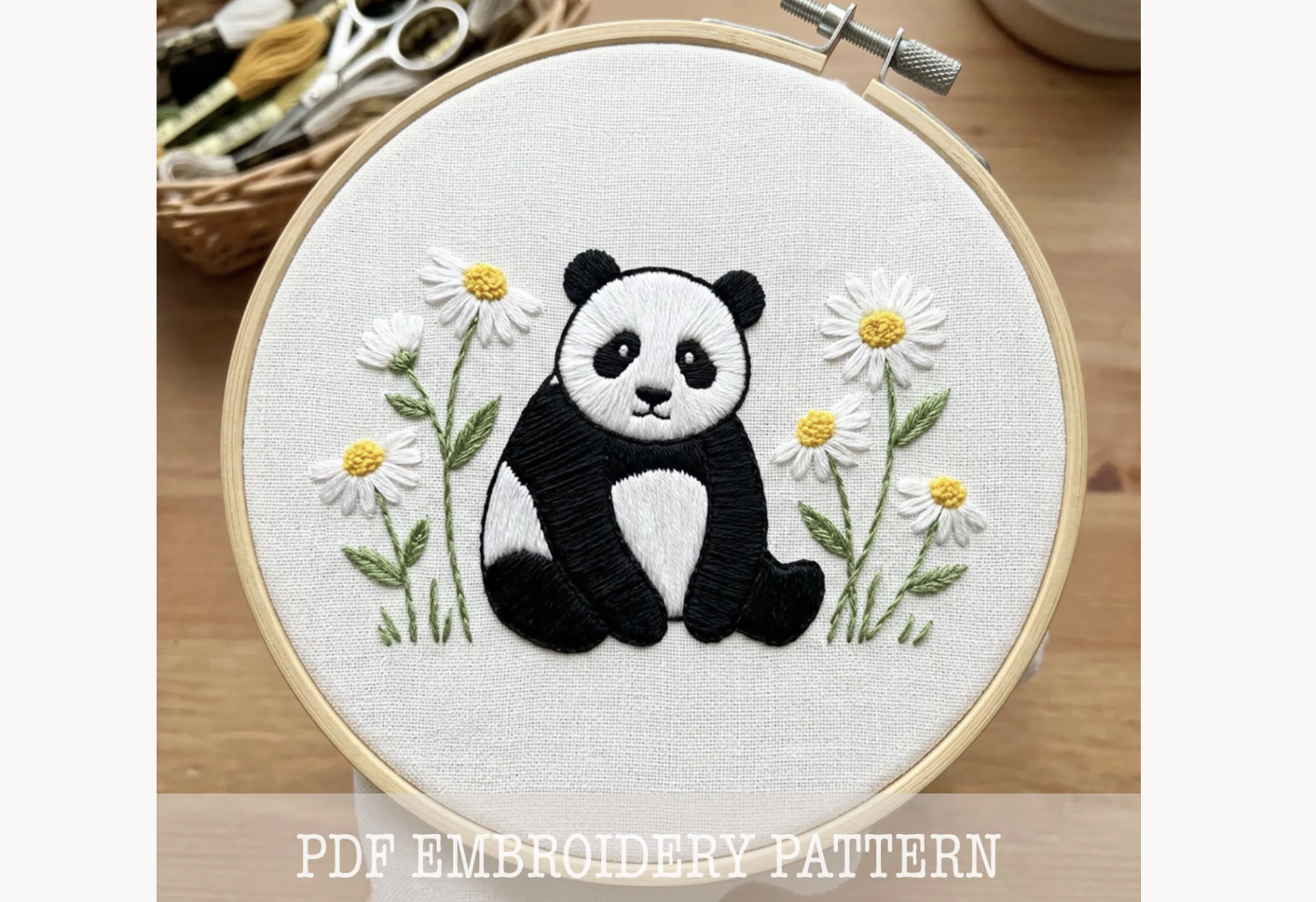 Panda and Daisies Embroidery Pattern