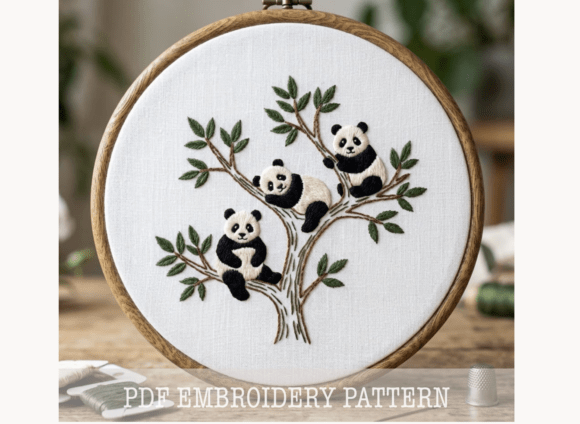 Pandas in a Tree Embroidery Pattern