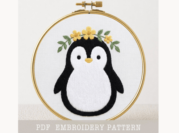 Penguin Flower Crown Embroidery Pattern