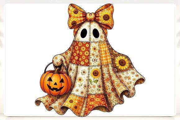 Quilted Ghost with Pumpkin PNG