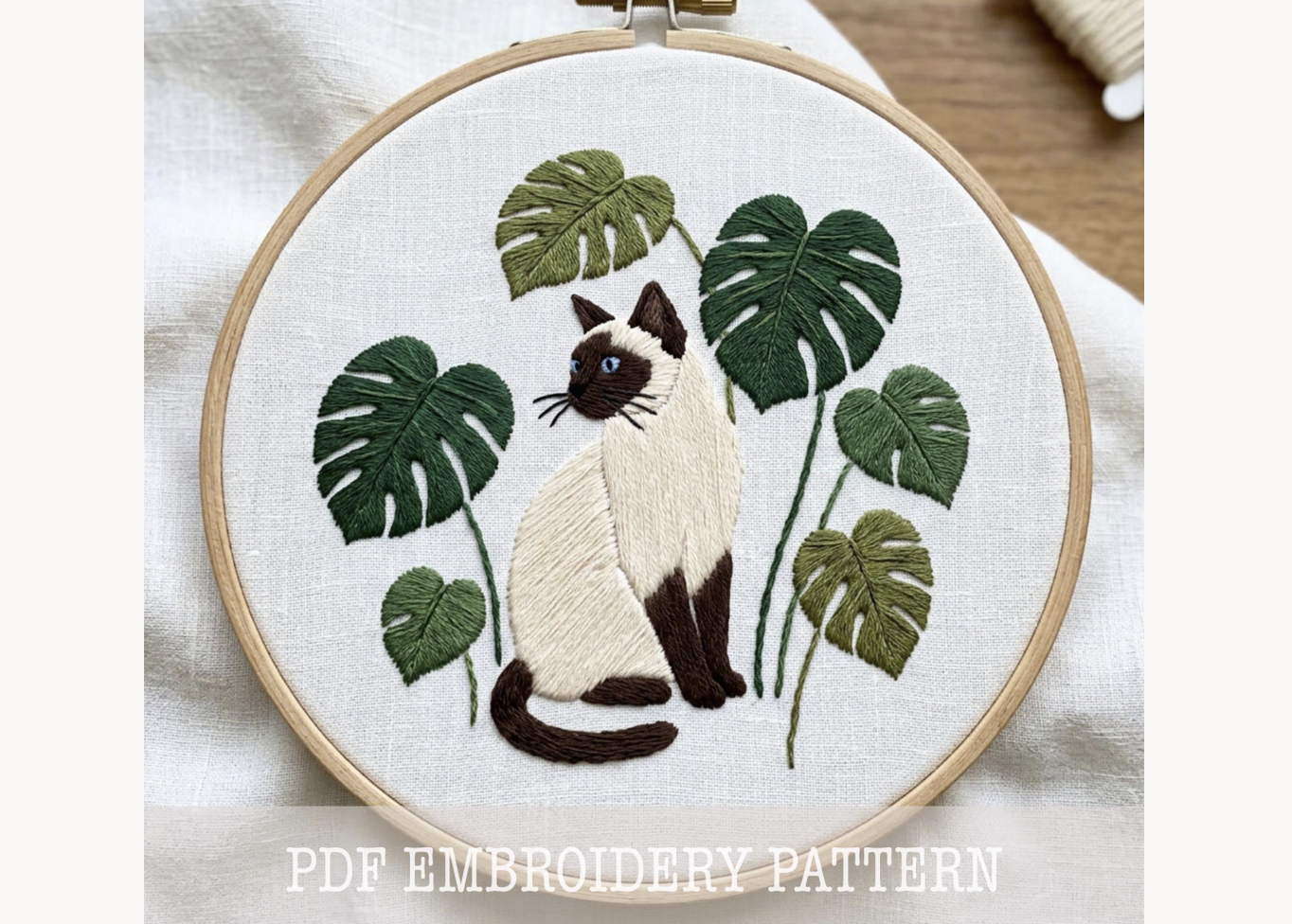 Siamese Cat Monstera Embroidery Pattern