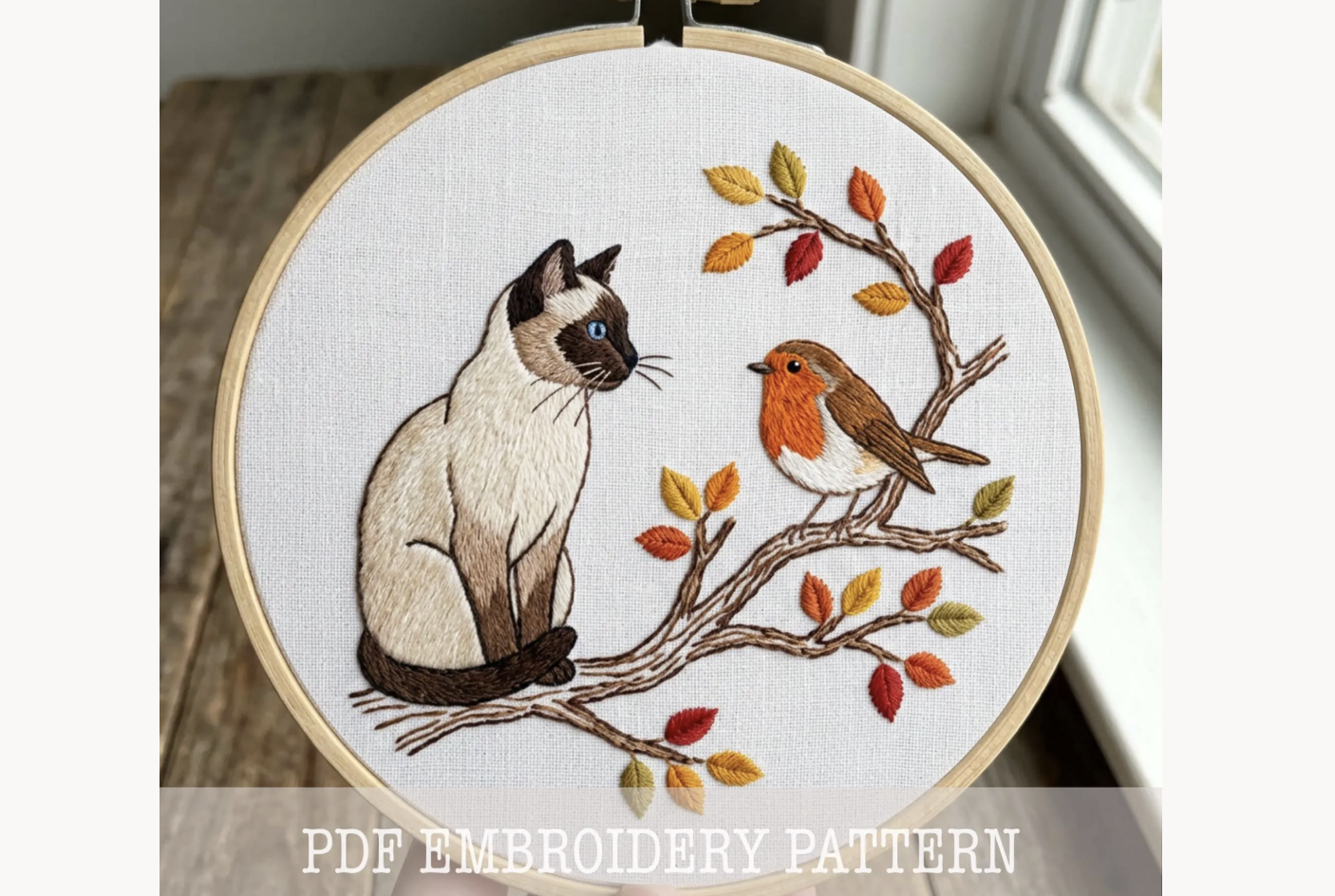 Siamese Cat and Robin Embroidery Pattern