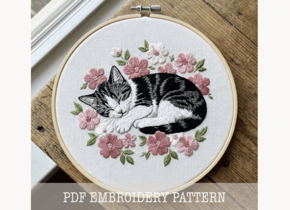 Sleeping Cat Florals Embroidery Pattern