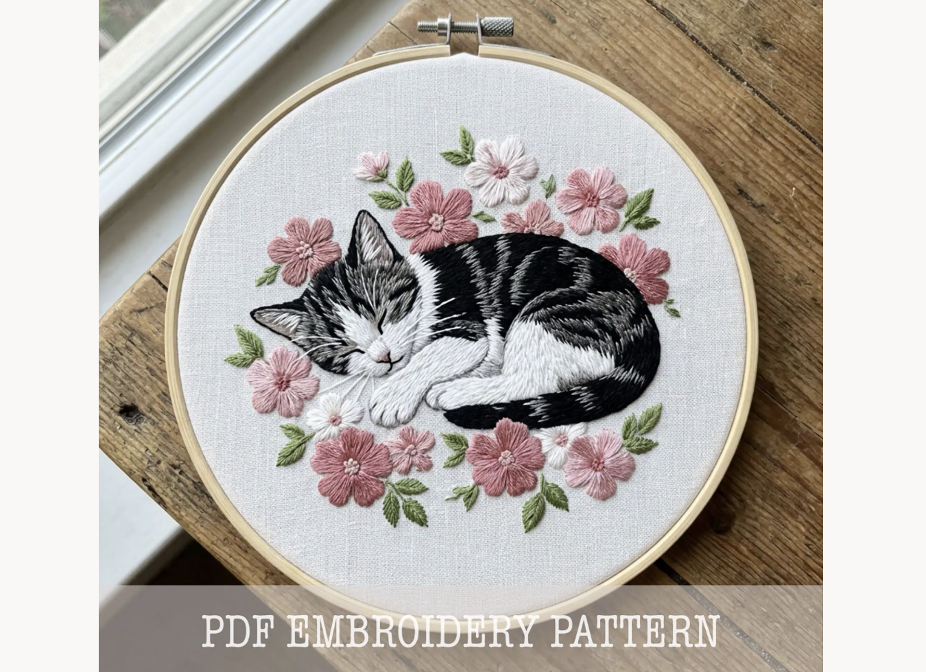 Sleeping Cat Florals Embroidery Pattern