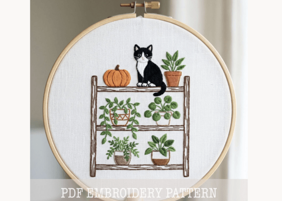 Tuxedo Cat and Plants Embroidery Pattern