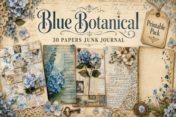 Vintage Blue Floral Junk Journal Papers