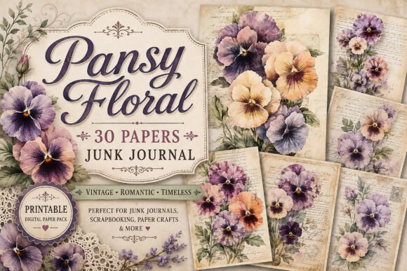 Vintage Pansy Floral Junk Journal Papers