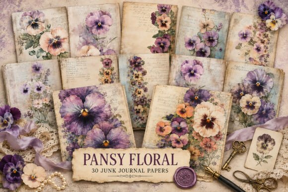 Vintage Pansy Flower Junk Journal Papers
