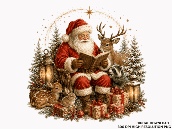Vintage Santa Woodland Christmas PNG