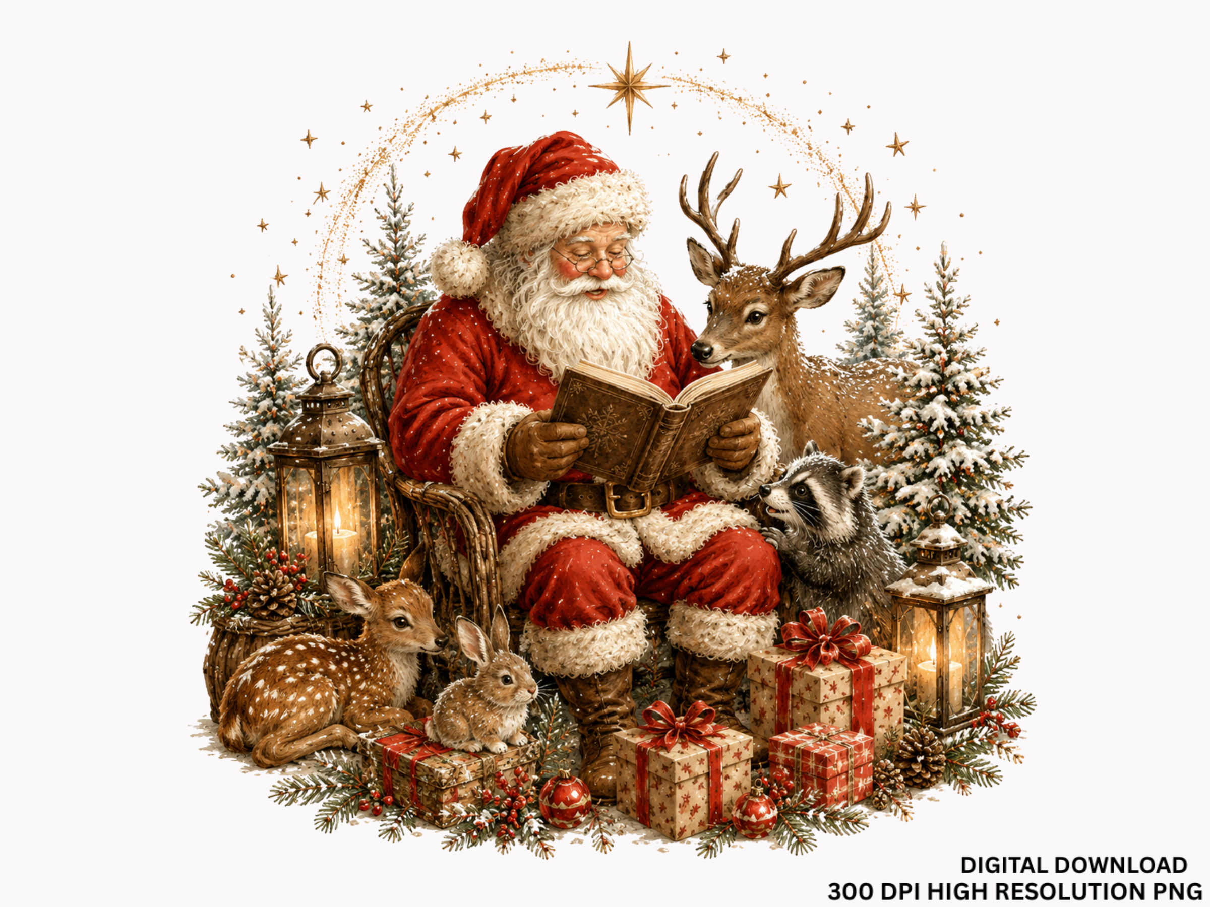 Vintage Santa Woodland Christmas PNG