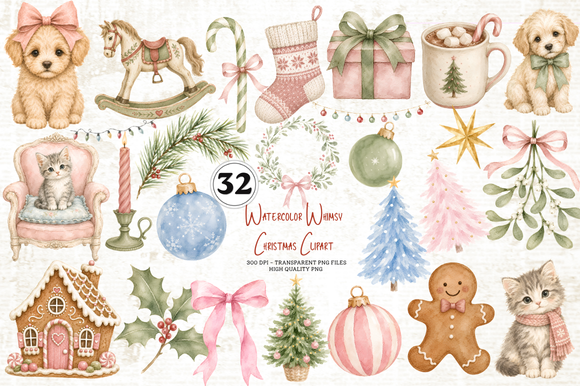 Watercolor Whimsy Christmas Clipart Set