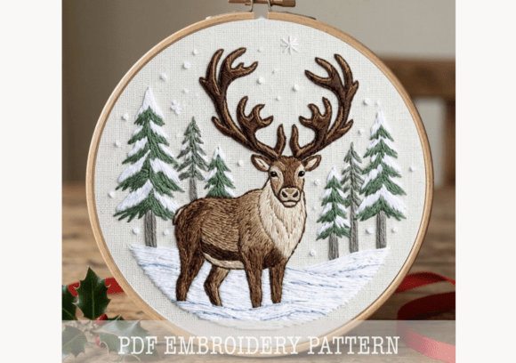 Winter Stag in Forest Embroidery Pattern