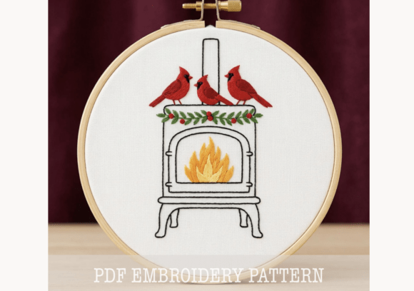 Wood Stove Cardinals Embroidery Pattern