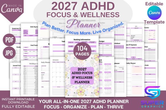 2027 ADHD Focus & Wellness Planner Canva