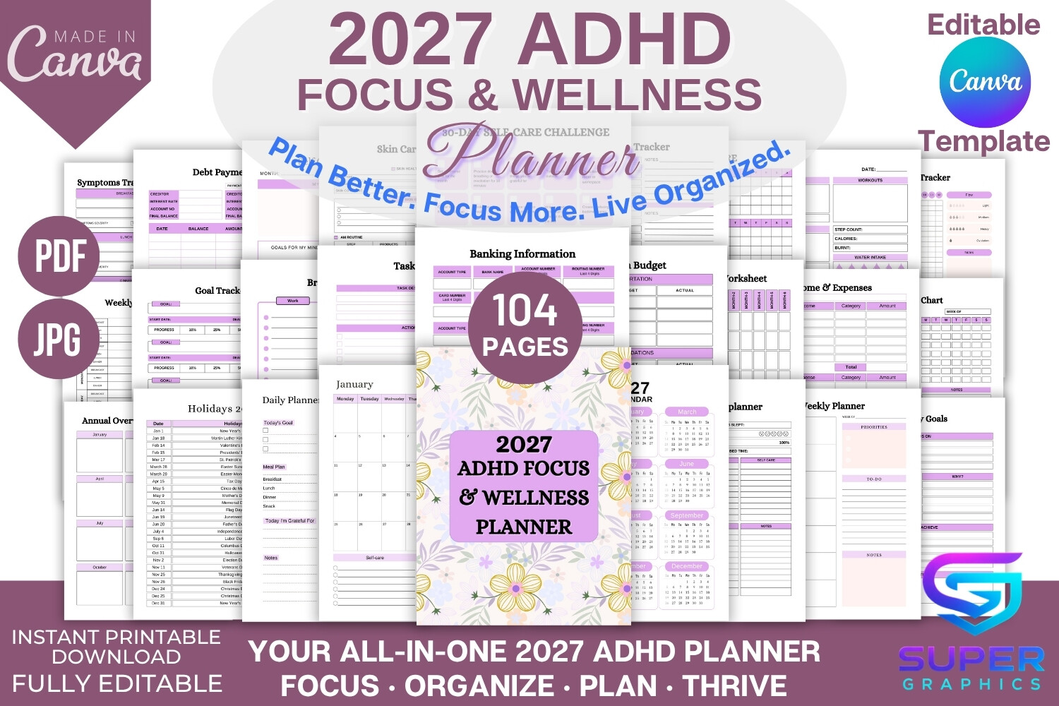 2027 ADHD Focus & Wellness Planner Canva