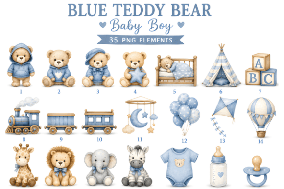 35 Blue Teddy Bear Baby Boy Clipart