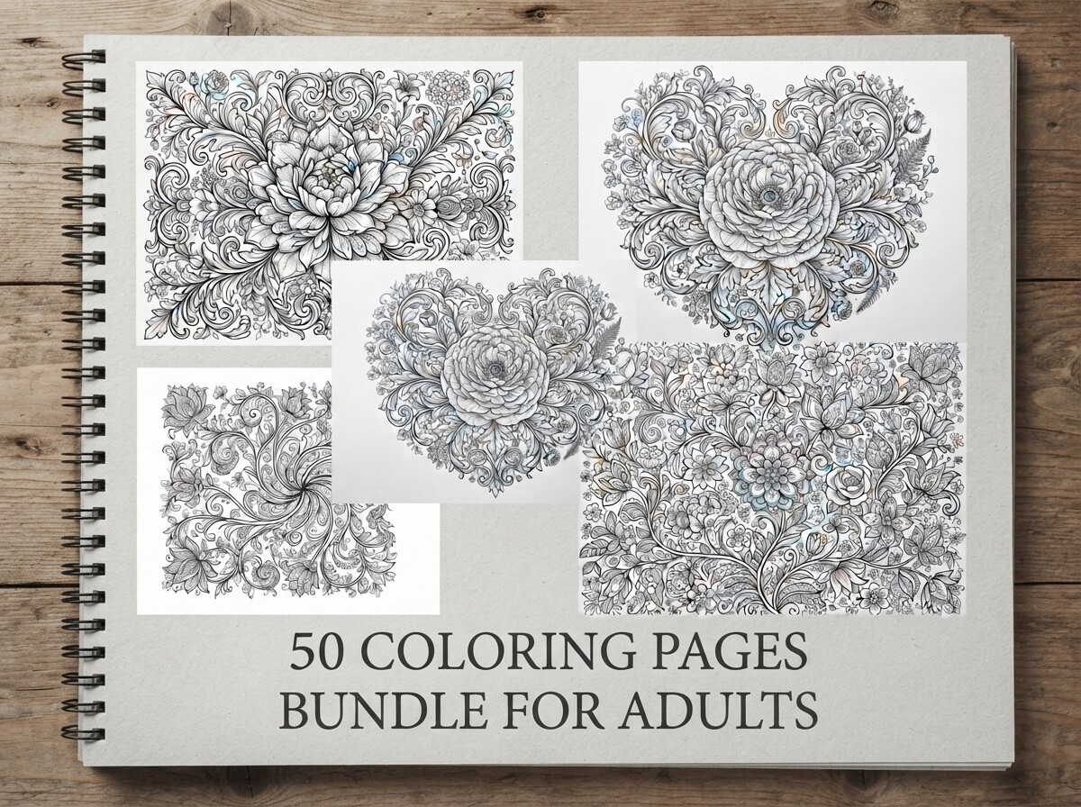 50 Floral Ornament Coloring Pages Bundle