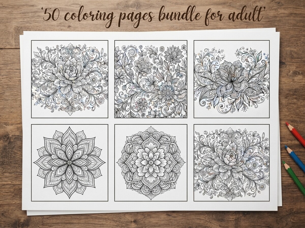 50 Floral Ornament Coloring Pages Bundle