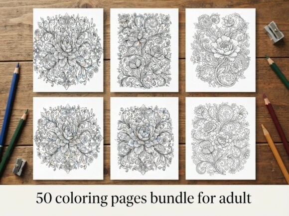50 Floral Ornament Coloring Pages Bundle