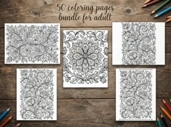 50 Floral Ornament Coloring Pages Bundle