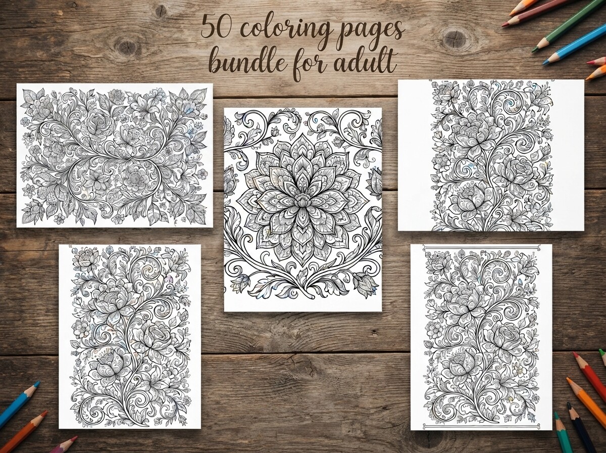 50 Floral Ornament Coloring Pages Bundle