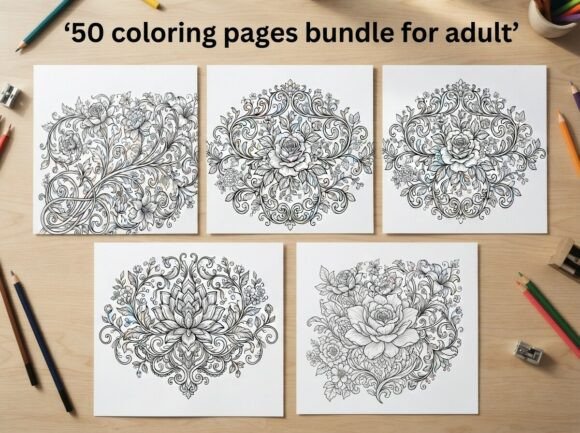 50 Floral Ornament Coloring Pages Bundle