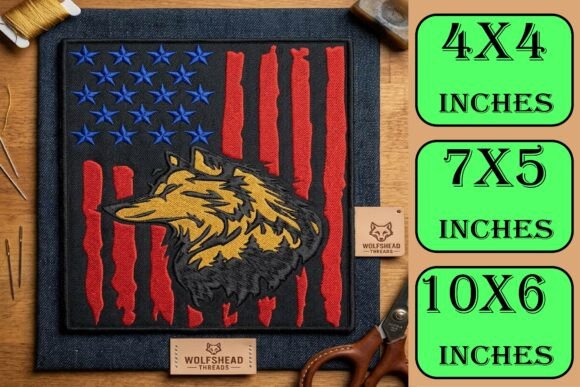 American Flag Wolf Machine Embroidery
