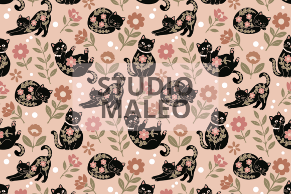 Black Cat Folk Floral Pattern